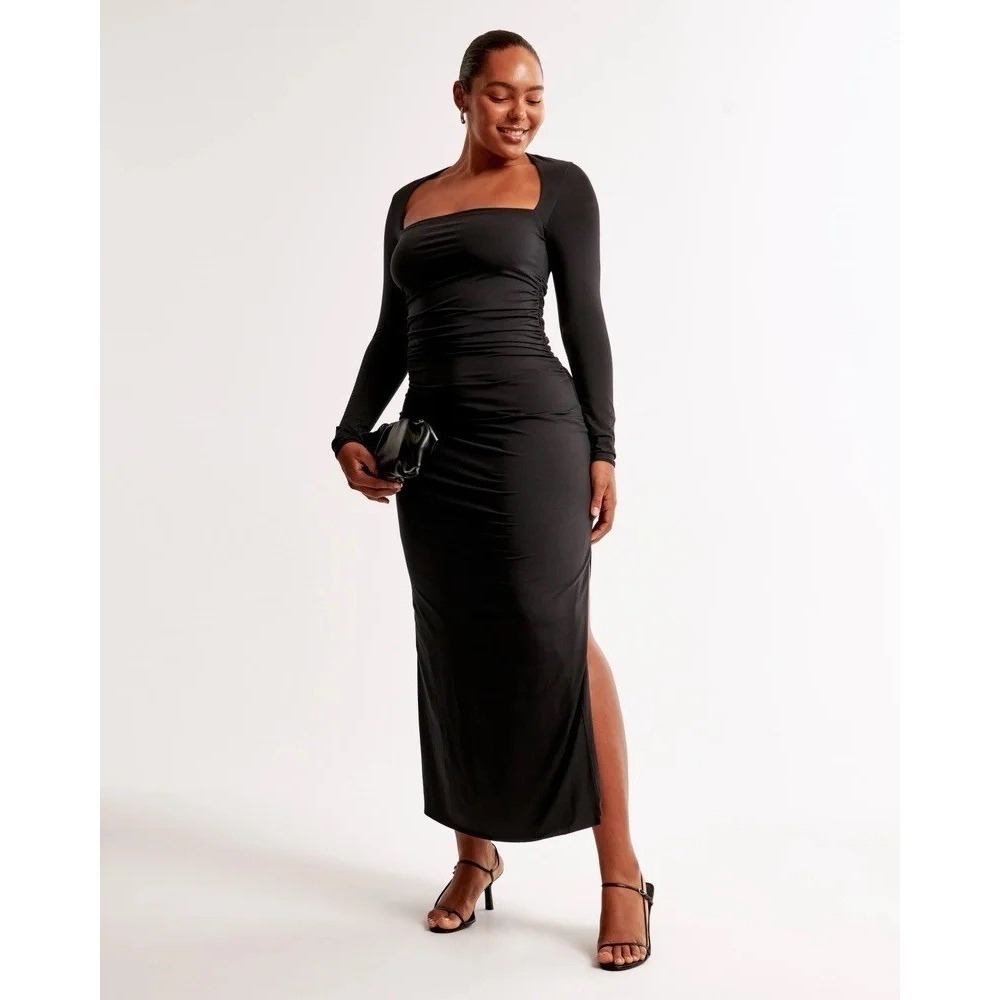 Abercrombie & Fitch Ava Dress Large Black Ruched Square Neck Long Sleeve Maxi